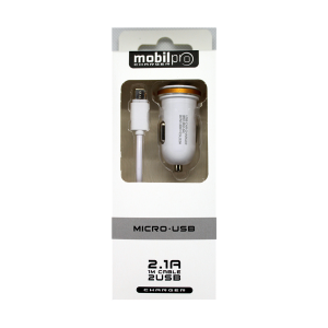 Autós töltő szett 2 USB port 2.1A micro USB kábellel fehér