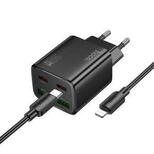 Hálózati töltő Hoco 2 x USB C + 2 x USB A QC3.0 PD 3A 30W + cable USB C to Lightning N56 black